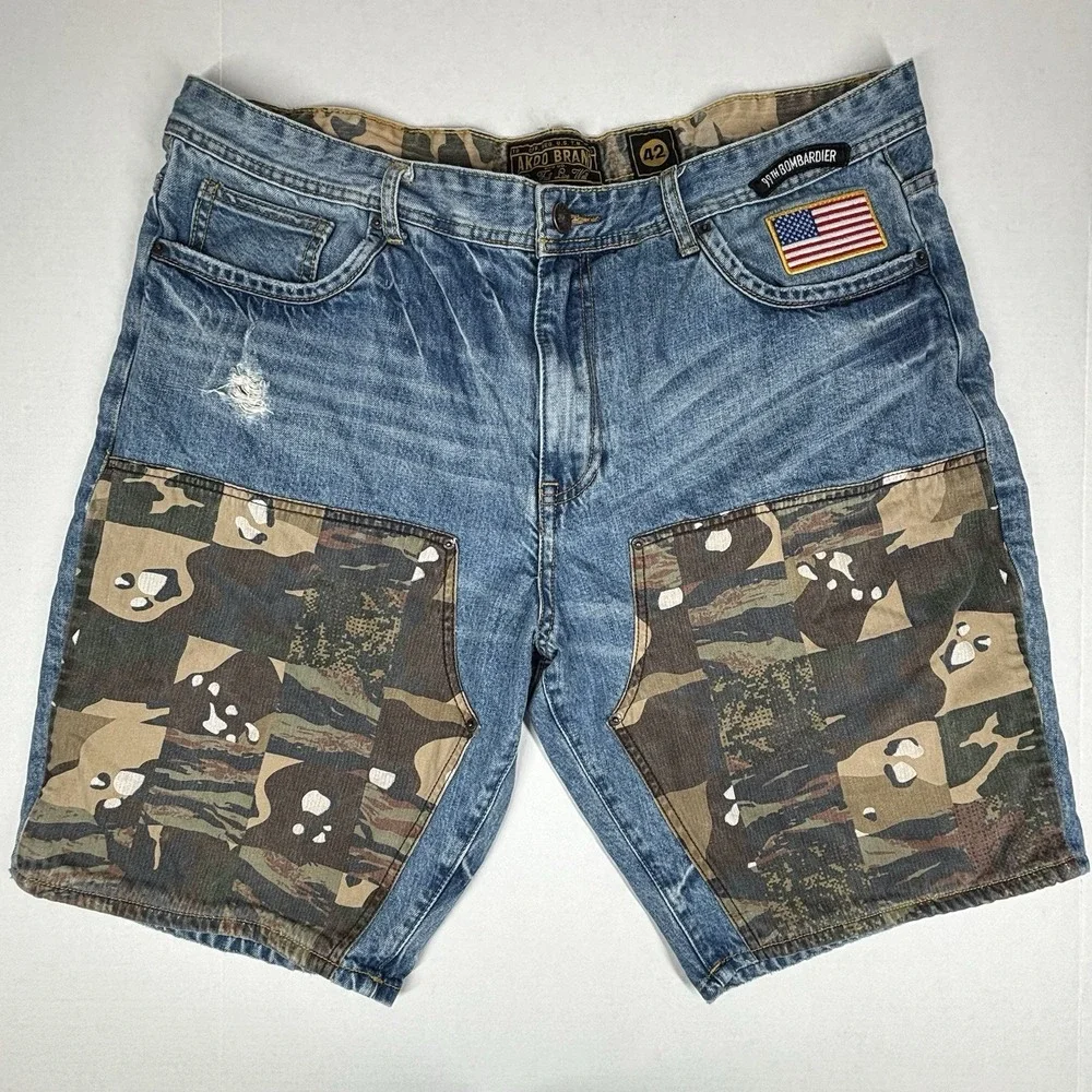 Akoo 99th Bombardier Blue Denim Mens Jean Shorts 42X11 Camo Patchwork Street EUC